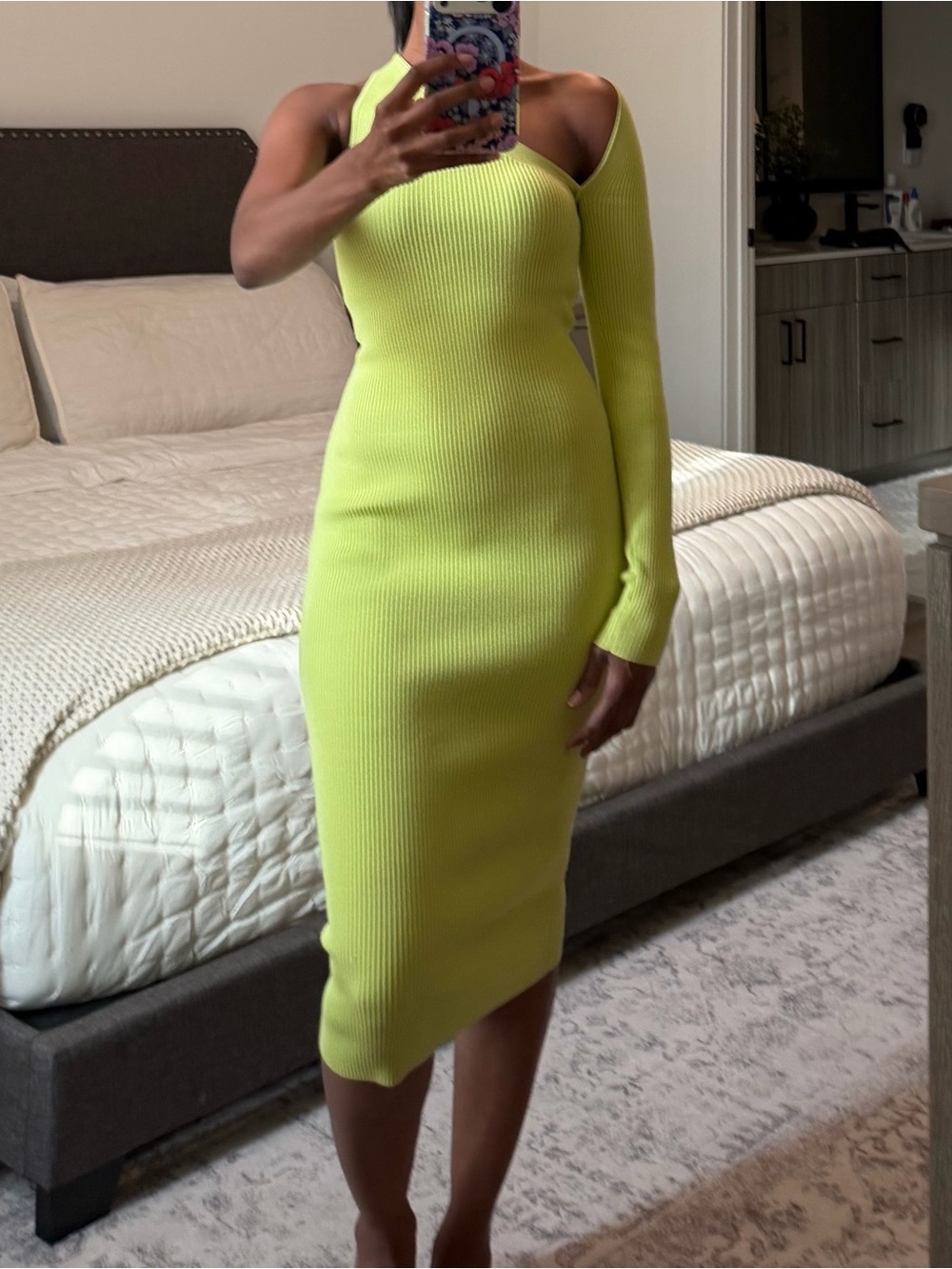 Express Neon Lime One-Shoulder Ribbed Midi Dress
